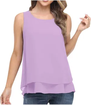 Women Sleeveless Chiffon Tank Tops Double Layers Casual Basic Blouse Tunic Shirt Fashion Flowy Vest Undershirt Clothes