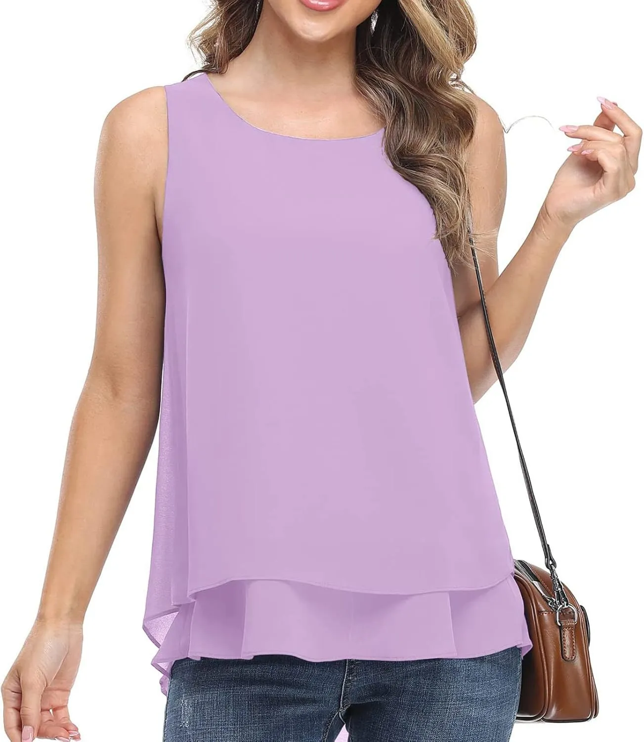 Women Sleeveless Chiffon Tank Tops Double Layers Casual Basic Blouse Tunic Shirt Fashion Flowy Vest Undershirt Clothes