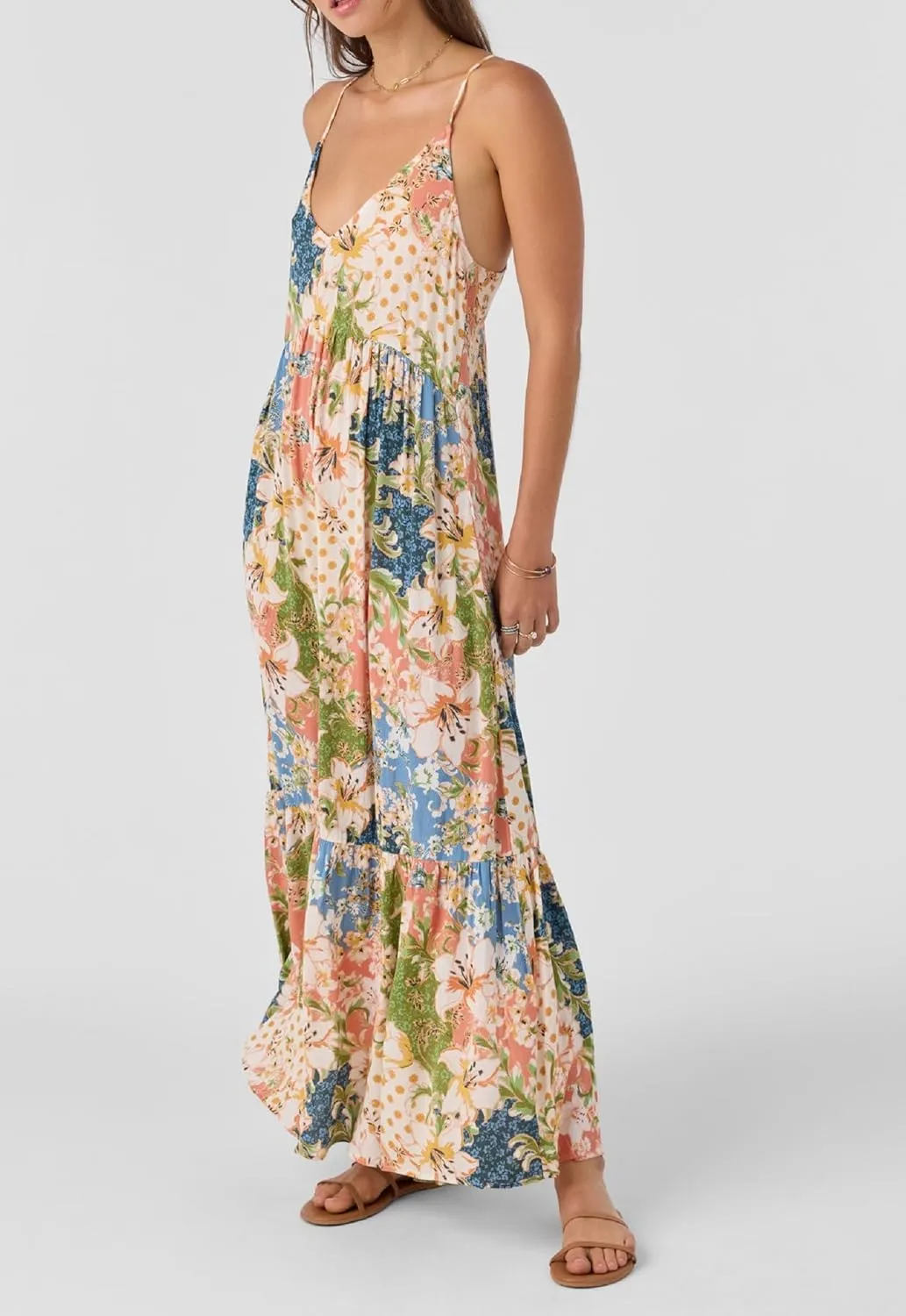 Women Spaghetti Strap V Neck Floral Maxi Dress Sleeveless Flowy Tiered Long Dress Colorful Summer Vocation Sundress
