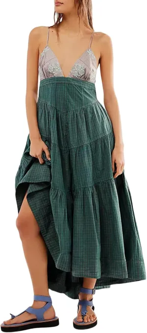 Women Spaghetti Strap V Neck Floral Maxi Dress Sleeveless Flowy Tiered Long Dress Colorful Summer Vocation Sundress