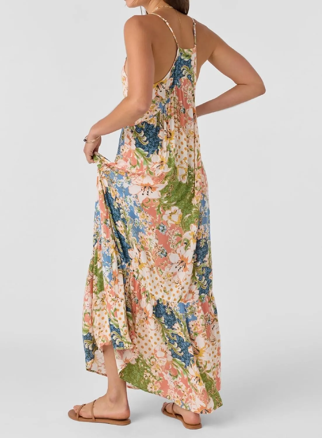 Women Spaghetti Strap V Neck Floral Maxi Dress Sleeveless Flowy Tiered Long Dress Colorful Summer Vocation Sundress