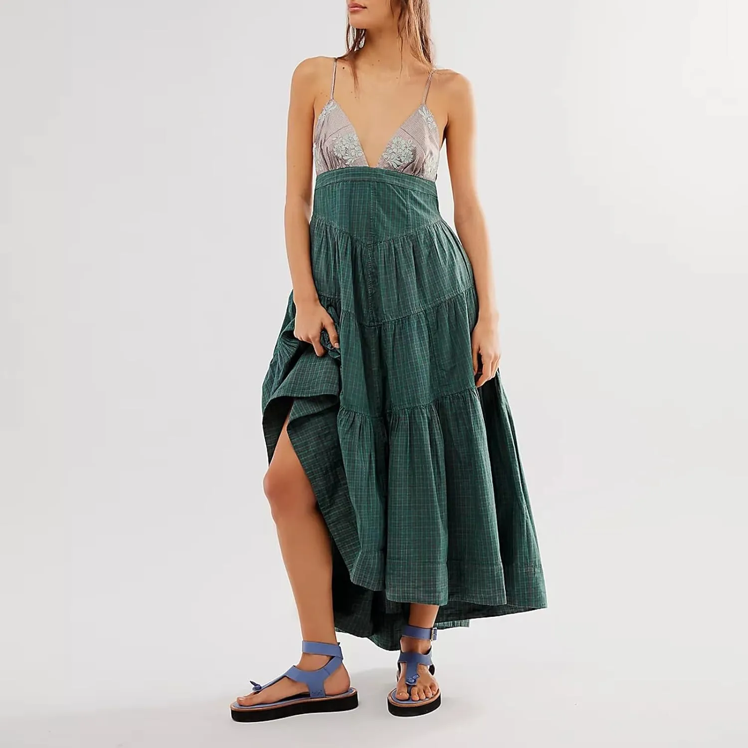 Women Spaghetti Strap V Neck Floral Maxi Dress Sleeveless Flowy Tiered Long Dress Colorful Summer Vocation Sundress