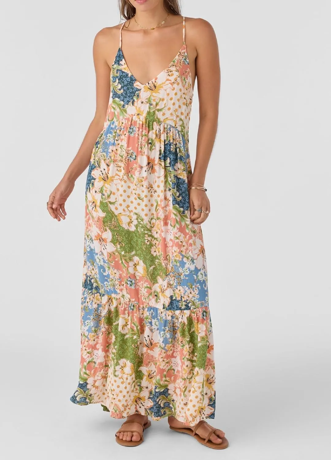 Women Spaghetti Strap V Neck Floral Maxi Dress Sleeveless Flowy Tiered Long Dress Colorful Summer Vocation Sundress