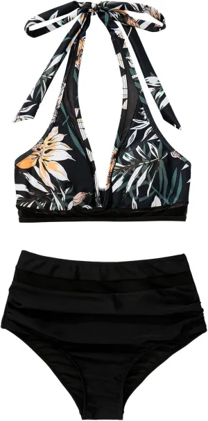 Women String Swimsuits Sexy Thong Bikini Sets Triangle Two Piece Bathing Suits Tie Back High Waisted Swim Top Sets