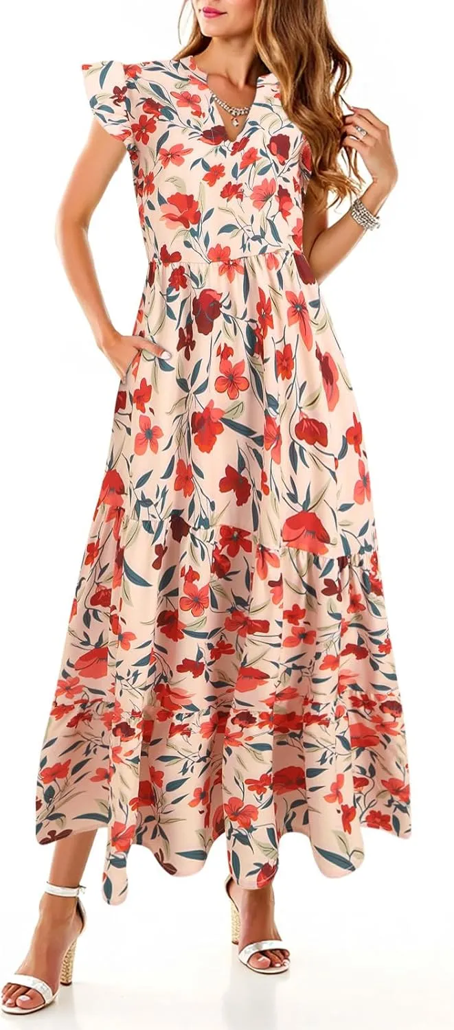 Women Summer 2025 Maxi Dress Vacation Floral Spring Casual Boho Split Beach Long Flowy Sundress Maxi Dress