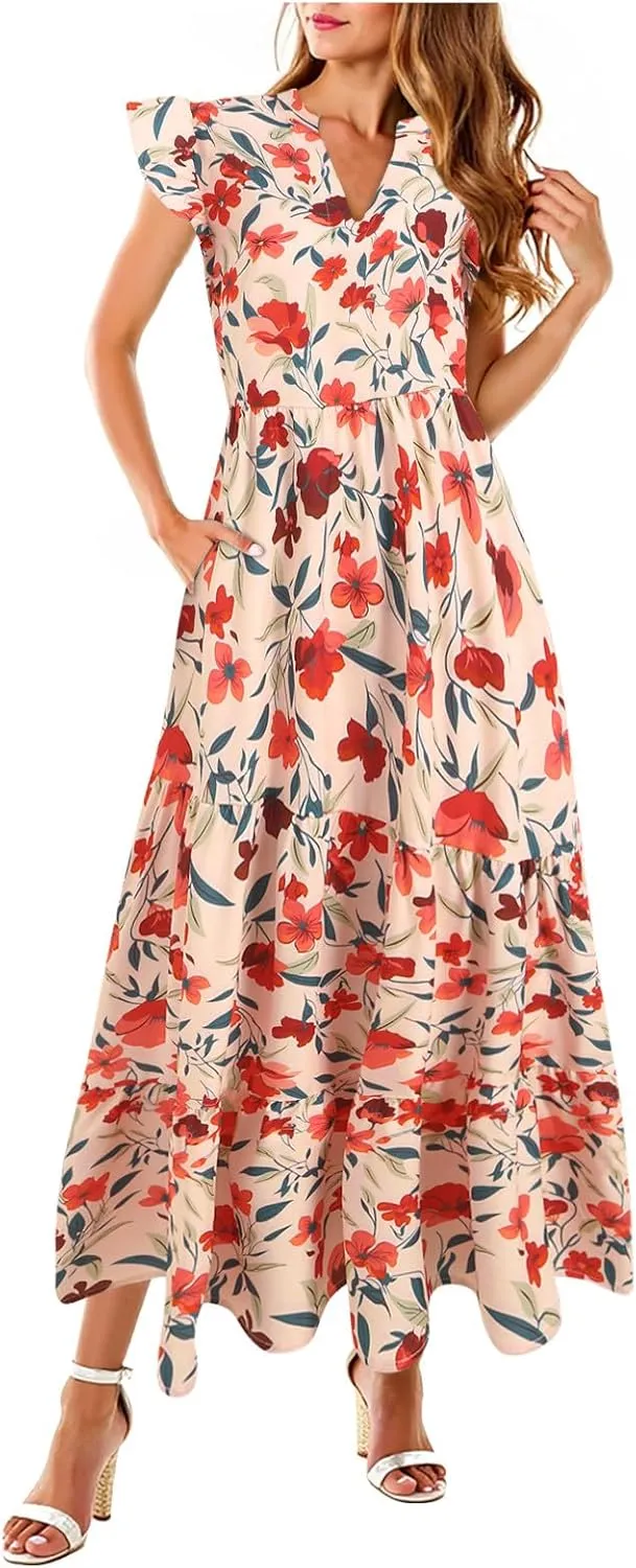 Women Summer 2025 Maxi Dress Vacation Floral Spring Casual Boho Split Beach Long Flowy Sundress Maxi Dress