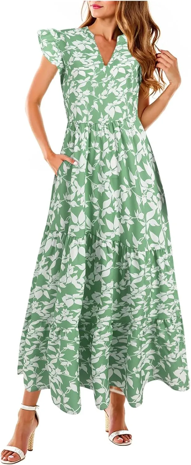 Women Summer 2025 Maxi Dress Vacation Floral Spring Casual Boho Split Beach Long Flowy Sundress Maxi Dress