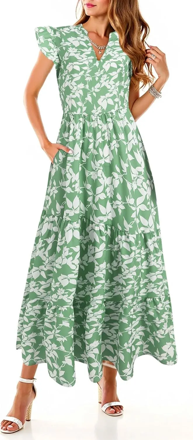 Women Summer 2025 Maxi Dress Vacation Floral Spring Casual Boho Split Beach Long Flowy Sundress Maxi Dress