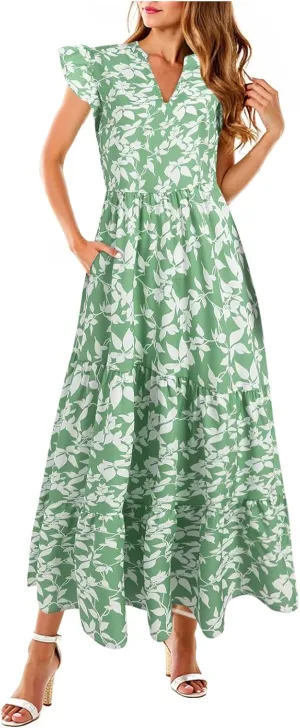 Women Summer 2025 Maxi Dress Vacation Floral Spring Casual Boho Split Beach Long Flowy Sundress Maxi Dress