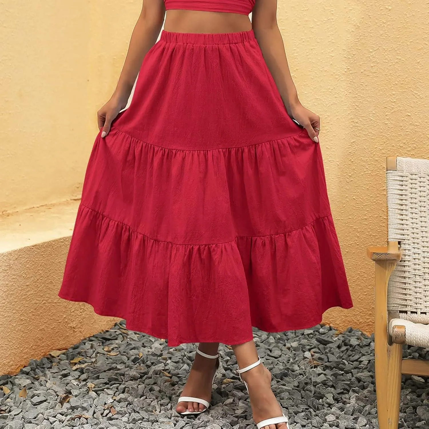 Women Summer Solid Color Boho Beach Skirt Elastic High Waist A-Line Skirt Flowy Swing Tiered Long Skirt