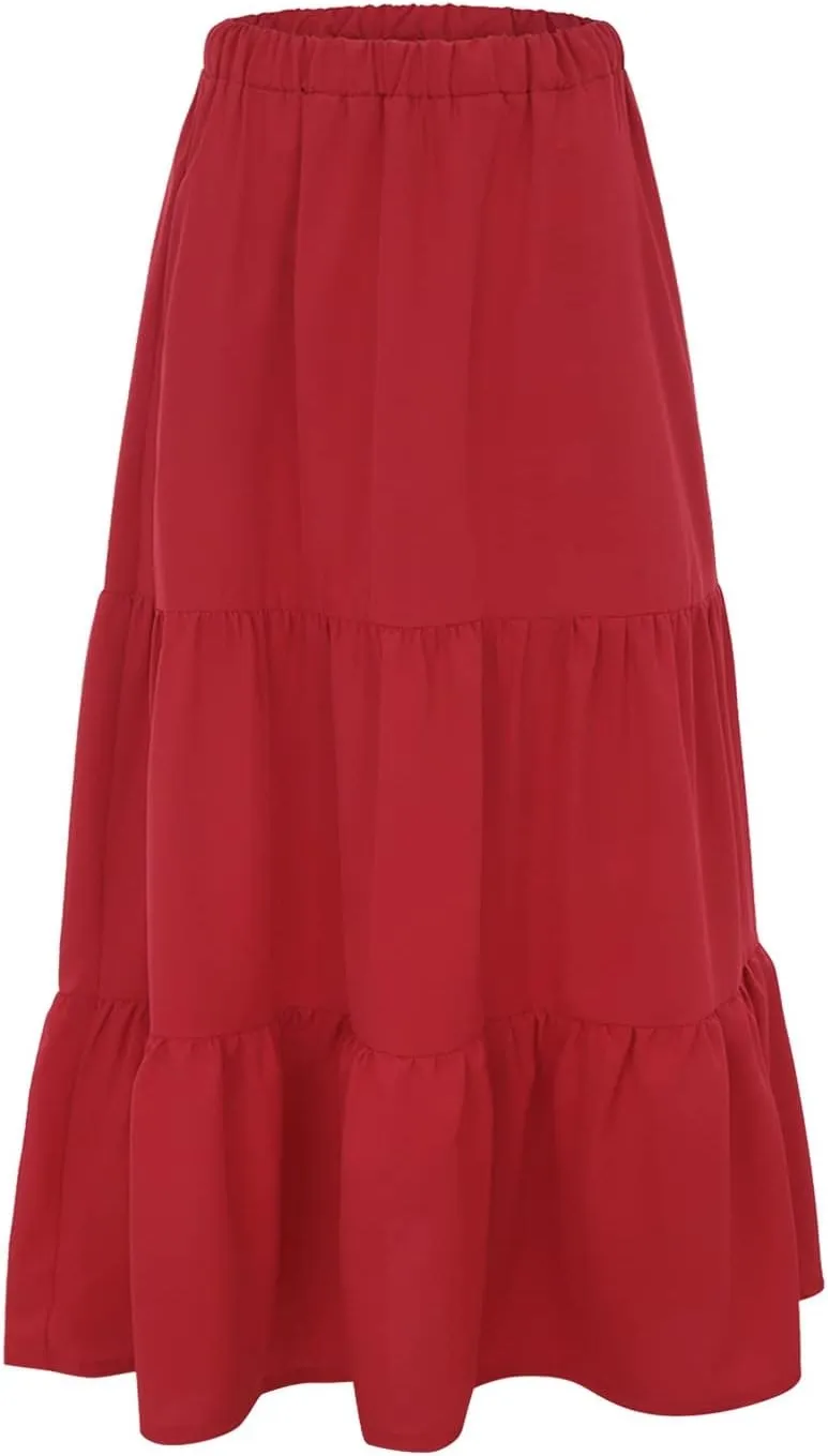 Women Summer Solid Color Boho Beach Skirt Elastic High Waist A-Line Skirt Flowy Swing Tiered Long Skirt