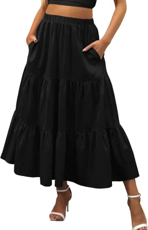 Women Summer Solid Color Boho Beach Skirt Elastic High Waist A-Line Skirt Flowy Swing Tiered Long Skirt