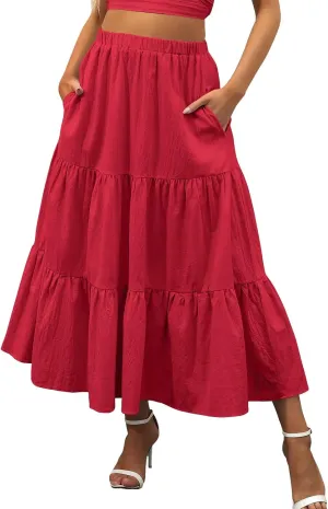 Women Summer Solid Color Boho Beach Skirt Elastic High Waist A-Line Skirt Flowy Swing Tiered Long Skirt