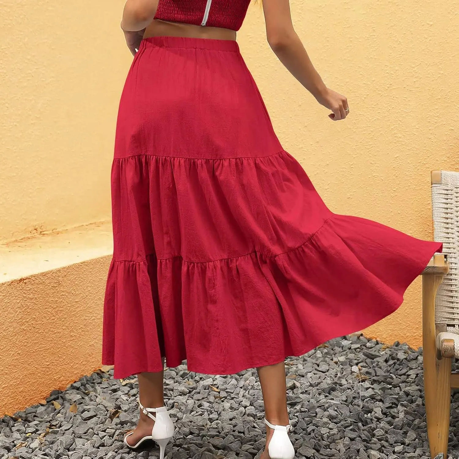 Women Summer Solid Color Boho Beach Skirt Elastic High Waist A-Line Skirt Flowy Swing Tiered Long Skirt