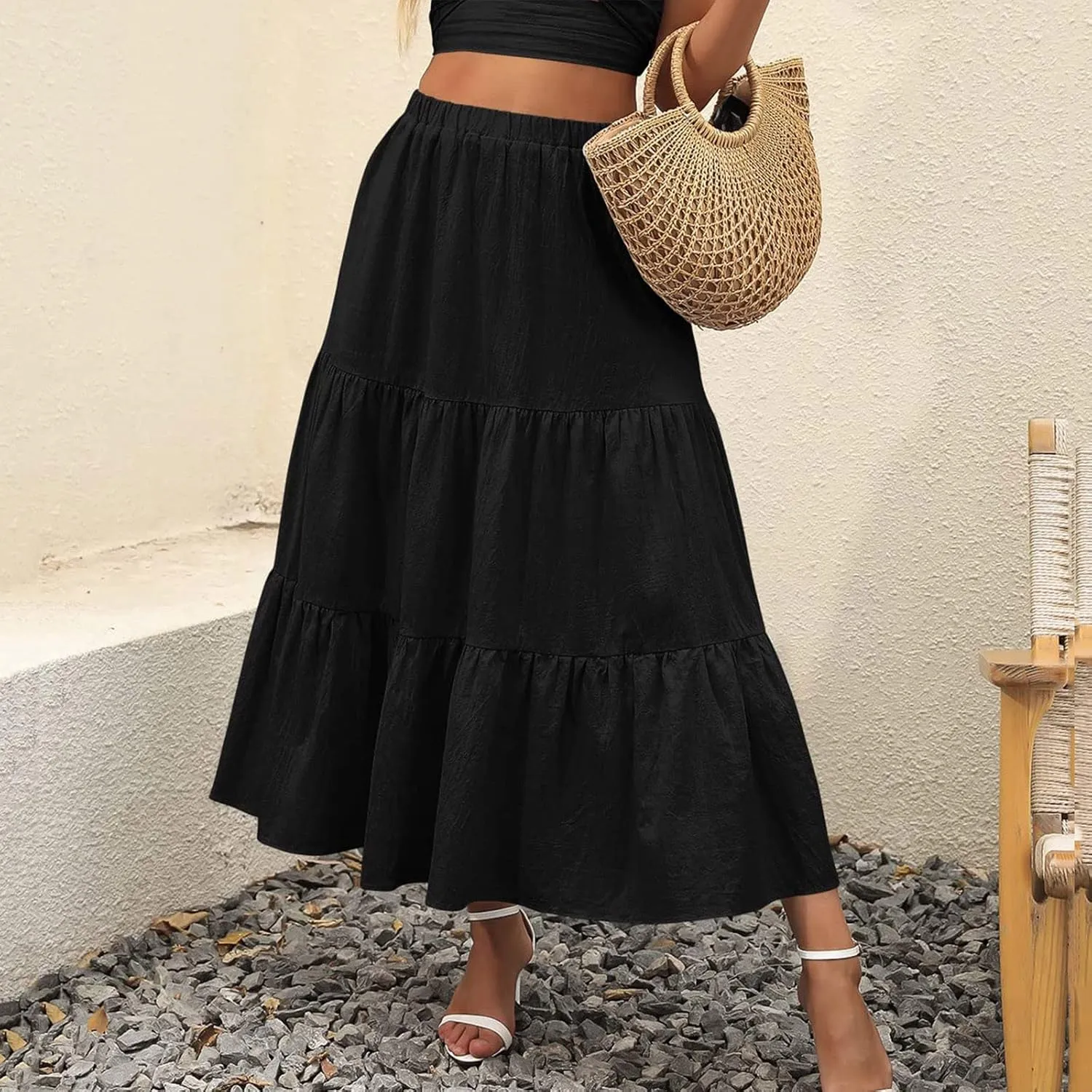 Women Summer Solid Color Boho Beach Skirt Elastic High Waist A-Line Skirt Flowy Swing Tiered Long Skirt