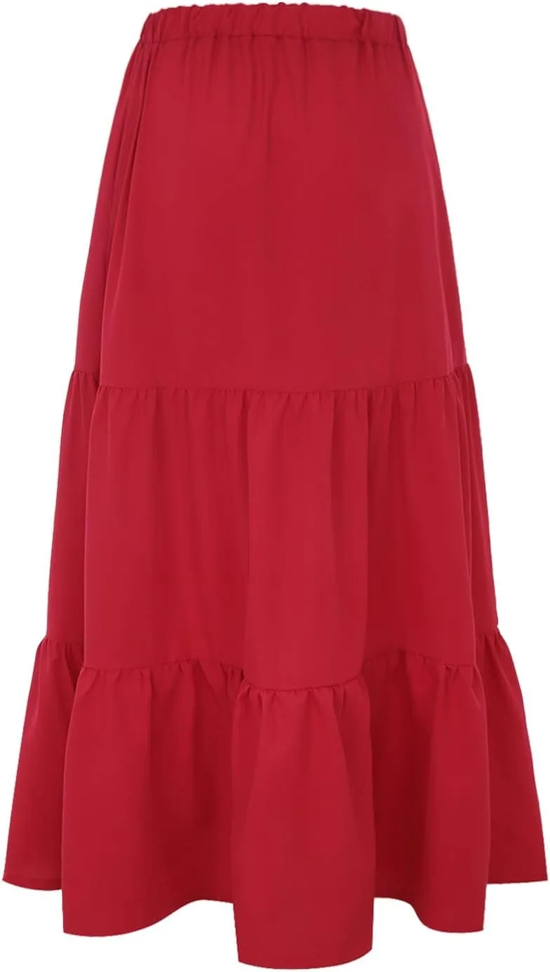 Women Summer Solid Color Boho Beach Skirt Elastic High Waist A-Line Skirt Flowy Swing Tiered Long Skirt