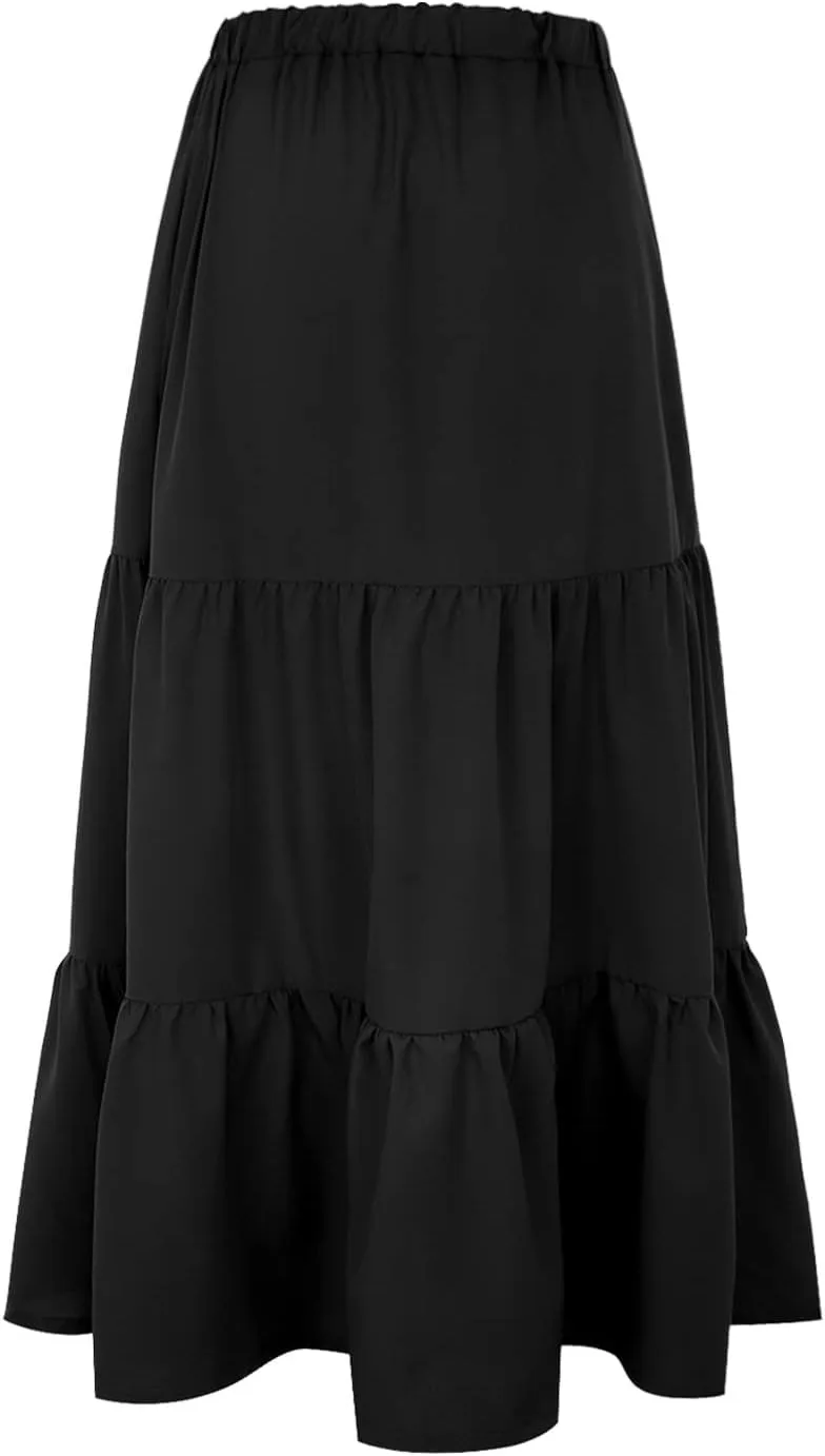 Women Summer Solid Color Boho Beach Skirt Elastic High Waist A-Line Skirt Flowy Swing Tiered Long Skirt