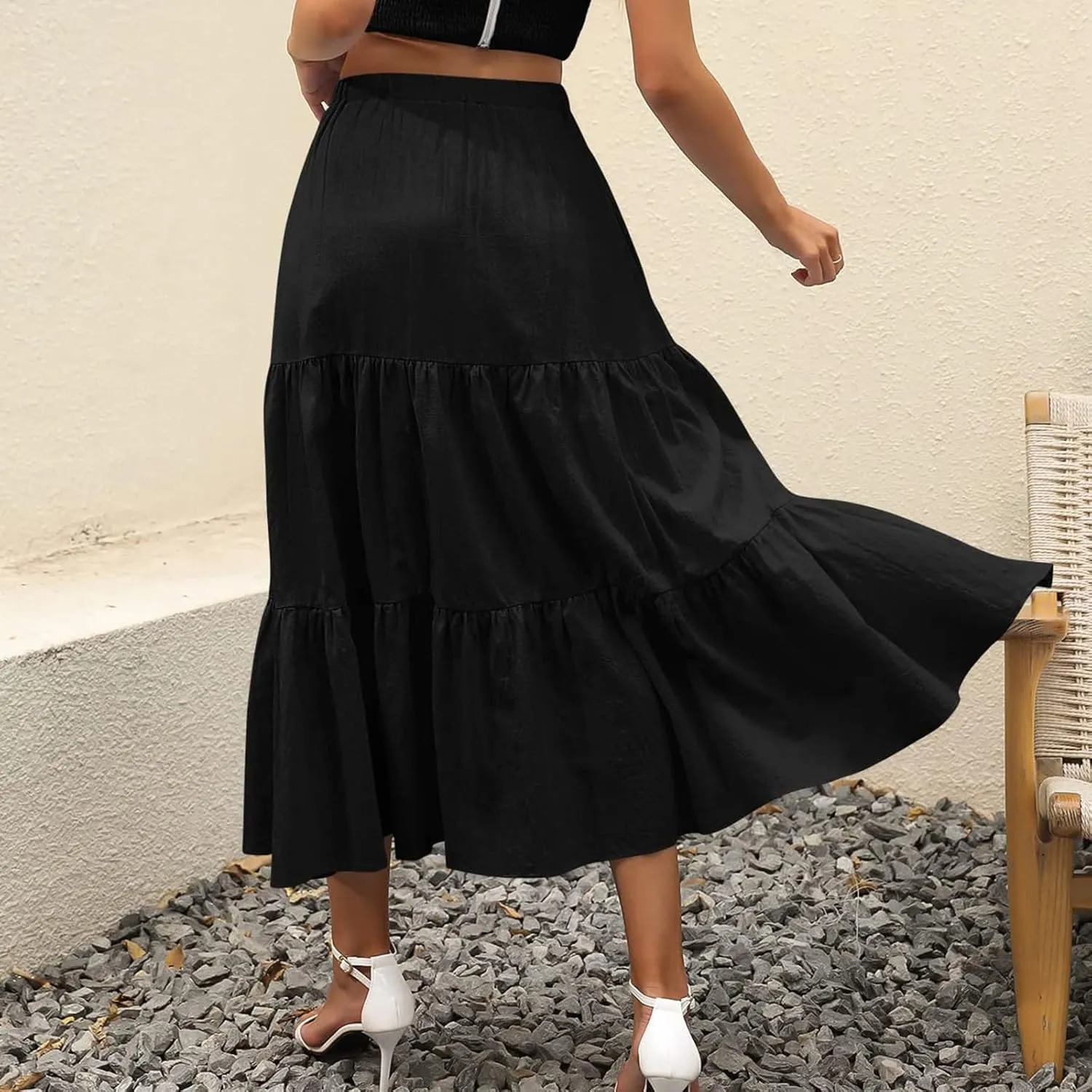 Women Summer Solid Color Boho Beach Skirt Elastic High Waist A-Line Skirt Flowy Swing Tiered Long Skirt