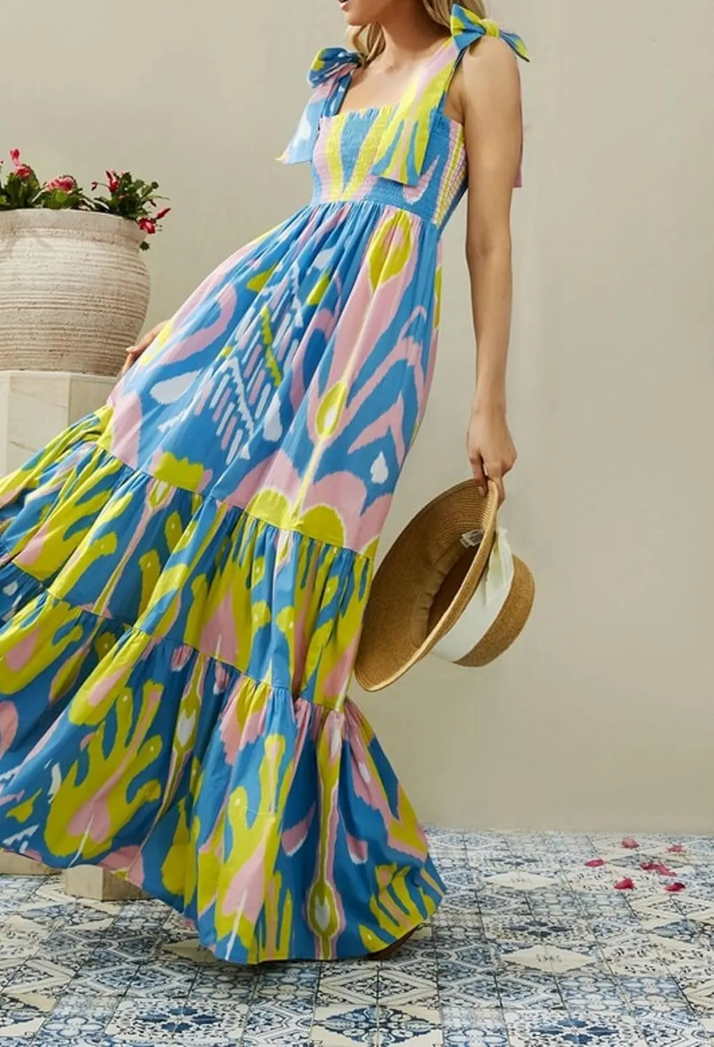 Women Summer Vocation Boho Floral Long Dress Sleeveless Flowy Tiered A Line Maxi Sundress Going Out Flower Beach Dress