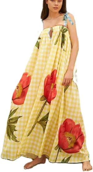 Women Tie Shoulder Floral Boho Maxi Dress Sleeveless Flowy Tiered A Line Dress Summer Vocation Graffiti Beach Sundress