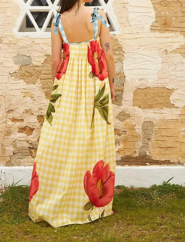 Women Tie Shoulder Floral Boho Maxi Dress Sleeveless Flowy Tiered A Line Dress Summer Vocation Graffiti Beach Sundress