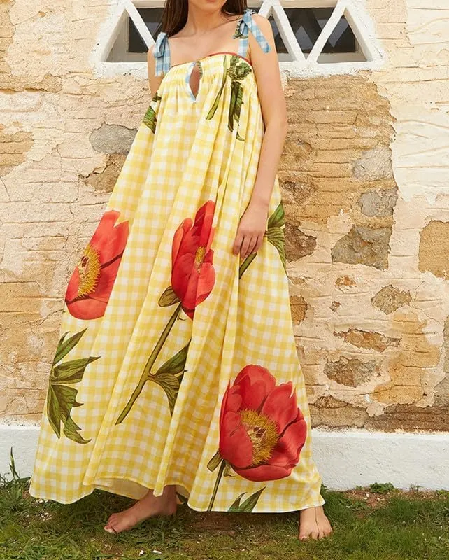 Women Tie Shoulder Floral Boho Maxi Dress Sleeveless Flowy Tiered A Line Dress Summer Vocation Graffiti Beach Sundress