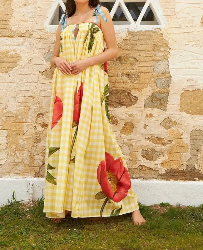 Women Tie Shoulder Floral Boho Maxi Dress Sleeveless Flowy Tiered A Line Dress Summer Vocation Graffiti Beach Sundress