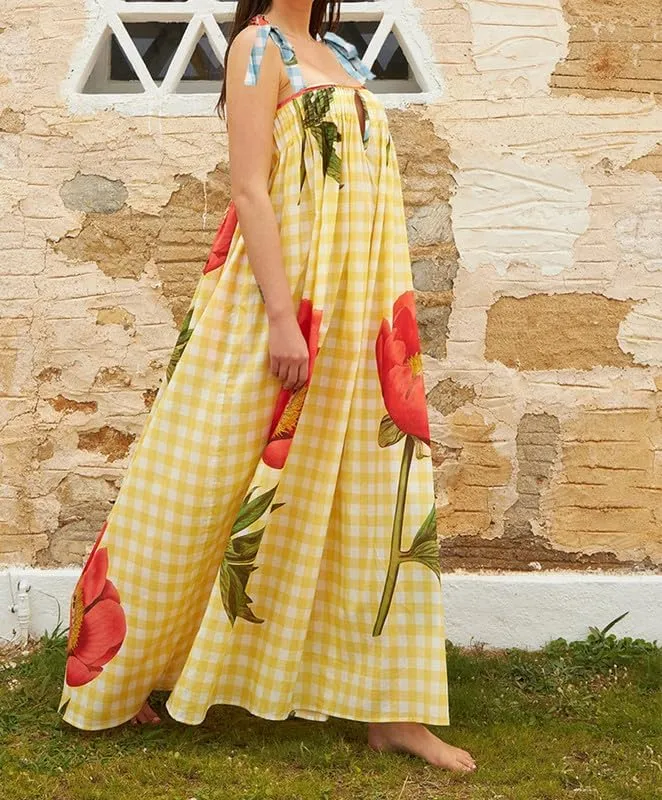Women Tie Shoulder Floral Boho Maxi Dress Sleeveless Flowy Tiered A Line Dress Summer Vocation Graffiti Beach Sundress