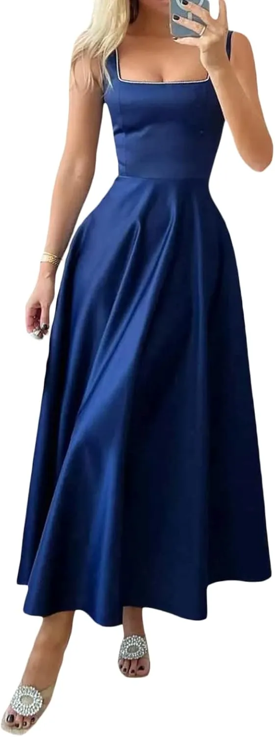 Women Y2k Square Neck Long Dress Low Cut Sleeveless Midi Dress Bustier Lace Trim Spaghetti Strap Going Out Swing Sundress