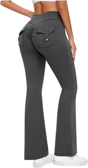 Women Yoga Cargo Pants Stretch Flare Leg Pants Elastic High Waisted Pants Dressy Casual Pants Athletic Workout Pants