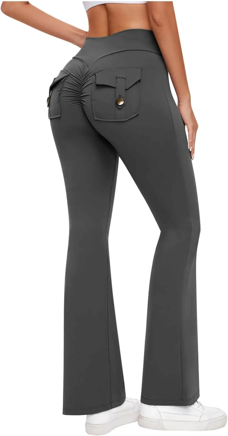 Women Yoga Cargo Pants Stretch Flare Leg Pants Elastic High Waisted Pants Dressy Casual Pants Athletic Workout Pants