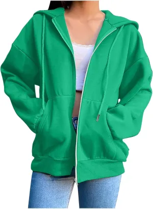 Women Zip Up Hoodie Casual Sweatshirt Drawstring Loose Fit Oversized Lightweight Fashion Fall Tops For Teen Girls