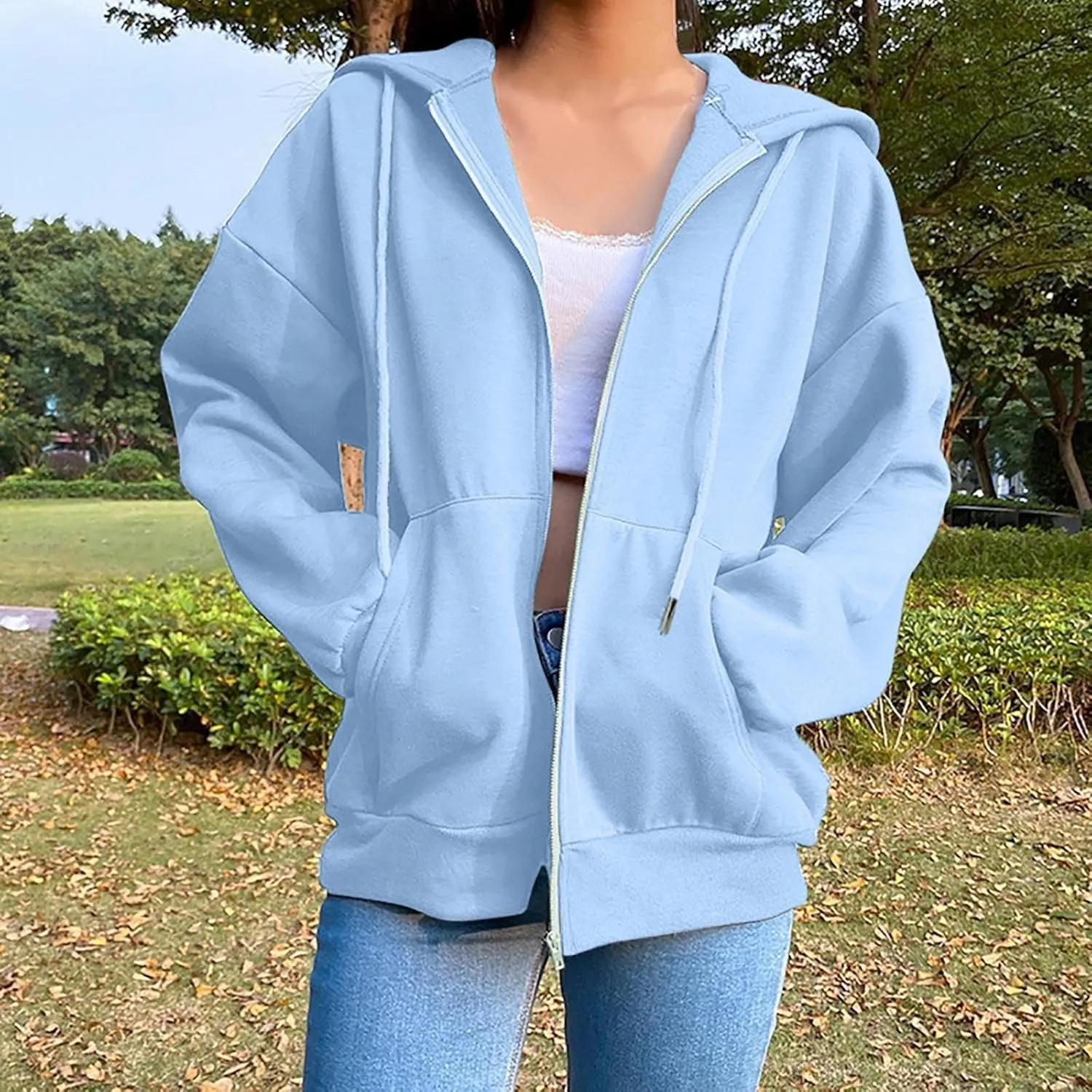 Women Zip Up Hoodie Casual Sweatshirt Drawstring Loose Fit Oversized Lightweight Fashion Fall Tops For Teen Girls