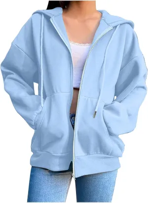 Women Zip Up Hoodie Casual Sweatshirt Drawstring Loose Fit Oversized Lightweight Fashion Fall Tops For Teen Girls