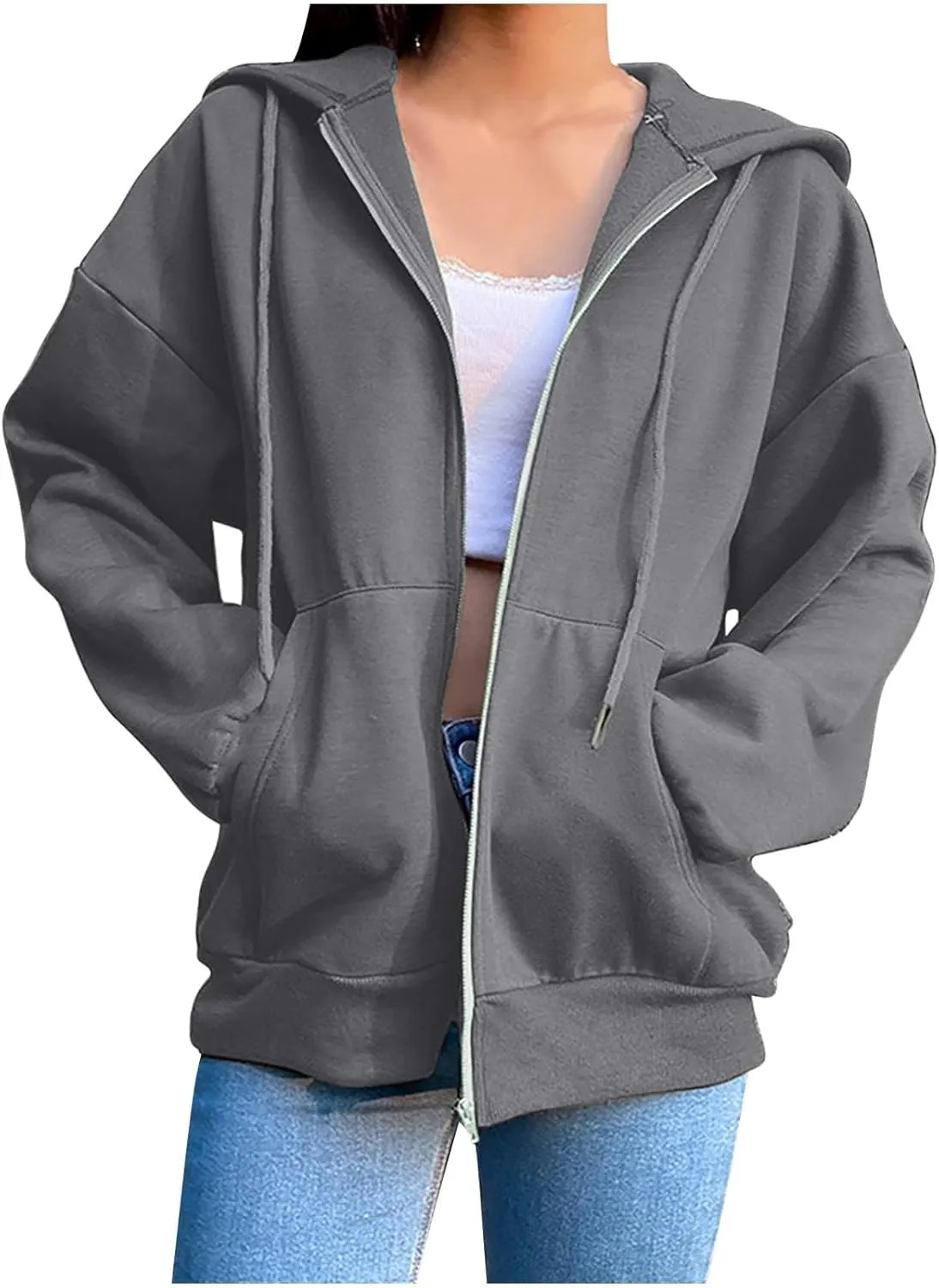 Women Zip Up Hoodie Casual Sweatshirt Drawstring Loose Fit Oversized Lightweight Fashion Fall Tops For Teen Girls