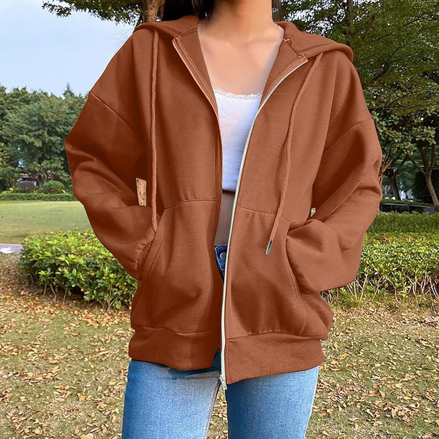 Women Zip Up Hoodie Casual Sweatshirt Drawstring Loose Fit Oversized Lightweight Fashion Fall Tops For Teen Girls