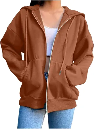 Women Zip Up Hoodie Casual Sweatshirt Drawstring Loose Fit Oversized Lightweight Fashion Fall Tops For Teen Girls