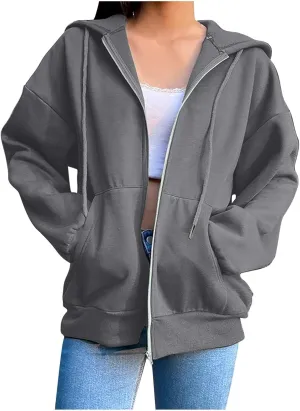 Women Zip Up Hoodie Casual Sweatshirt Drawstring Loose Fit Oversized Lightweight Fashion Fall Tops For Teen Girls