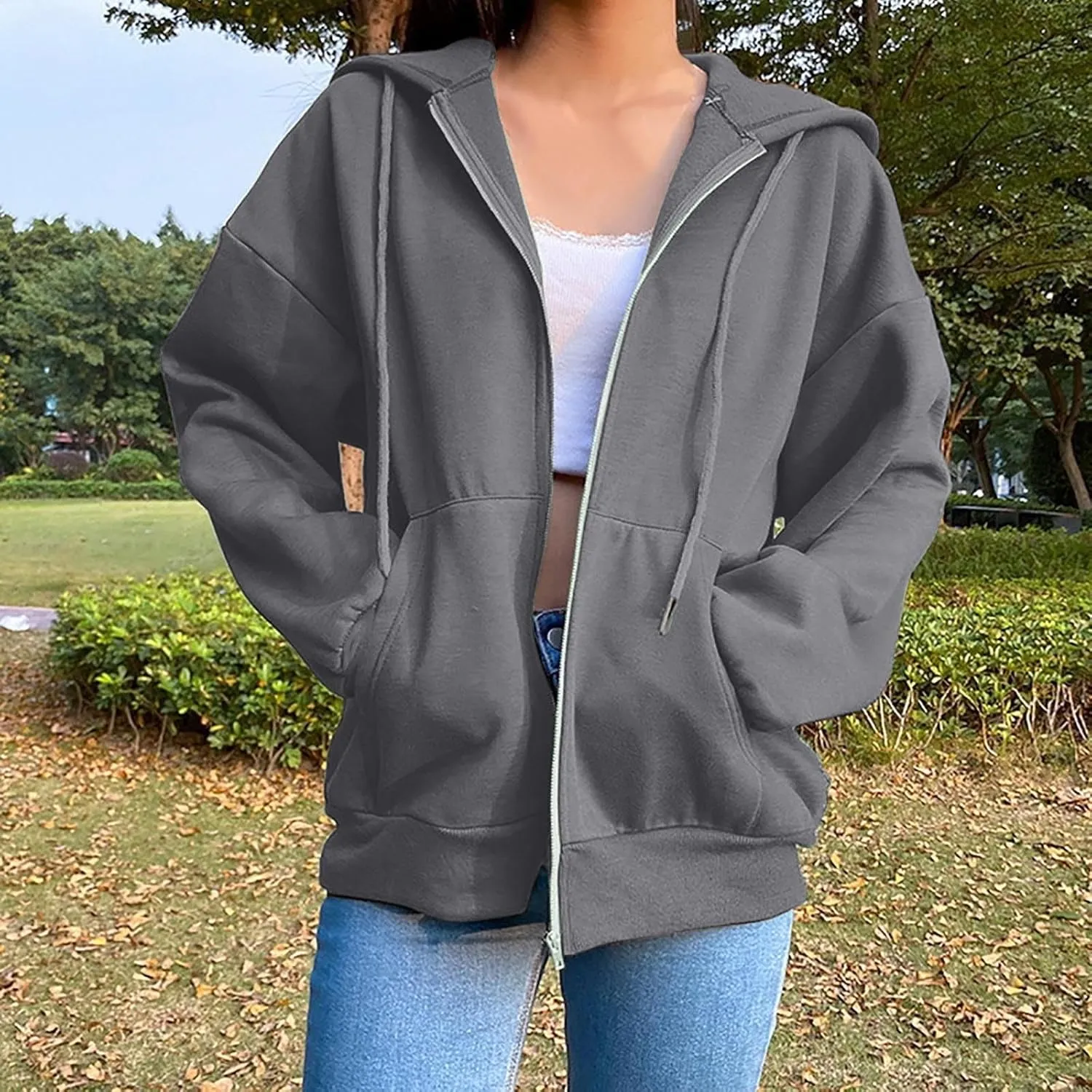 Women Zip Up Hoodie Casual Sweatshirt Drawstring Loose Fit Oversized Lightweight Fashion Fall Tops For Teen Girls