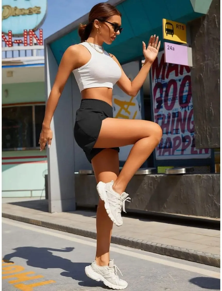 Women's Athletic Shorts High Waisted Running Shorts Pocket Sporty Short Gym Elastic Workout Shorts