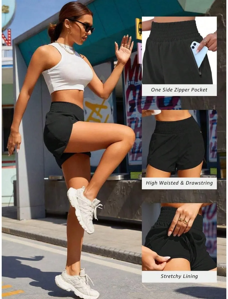 Women's Athletic Shorts High Waisted Running Shorts Pocket Sporty Short Gym Elastic Workout Shorts