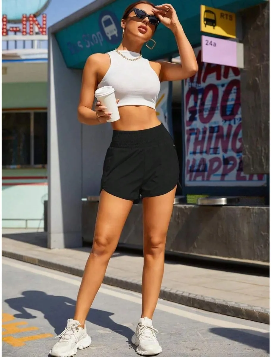 Women's Athletic Shorts High Waisted Running Shorts Pocket Sporty Short Gym Elastic Workout Shorts