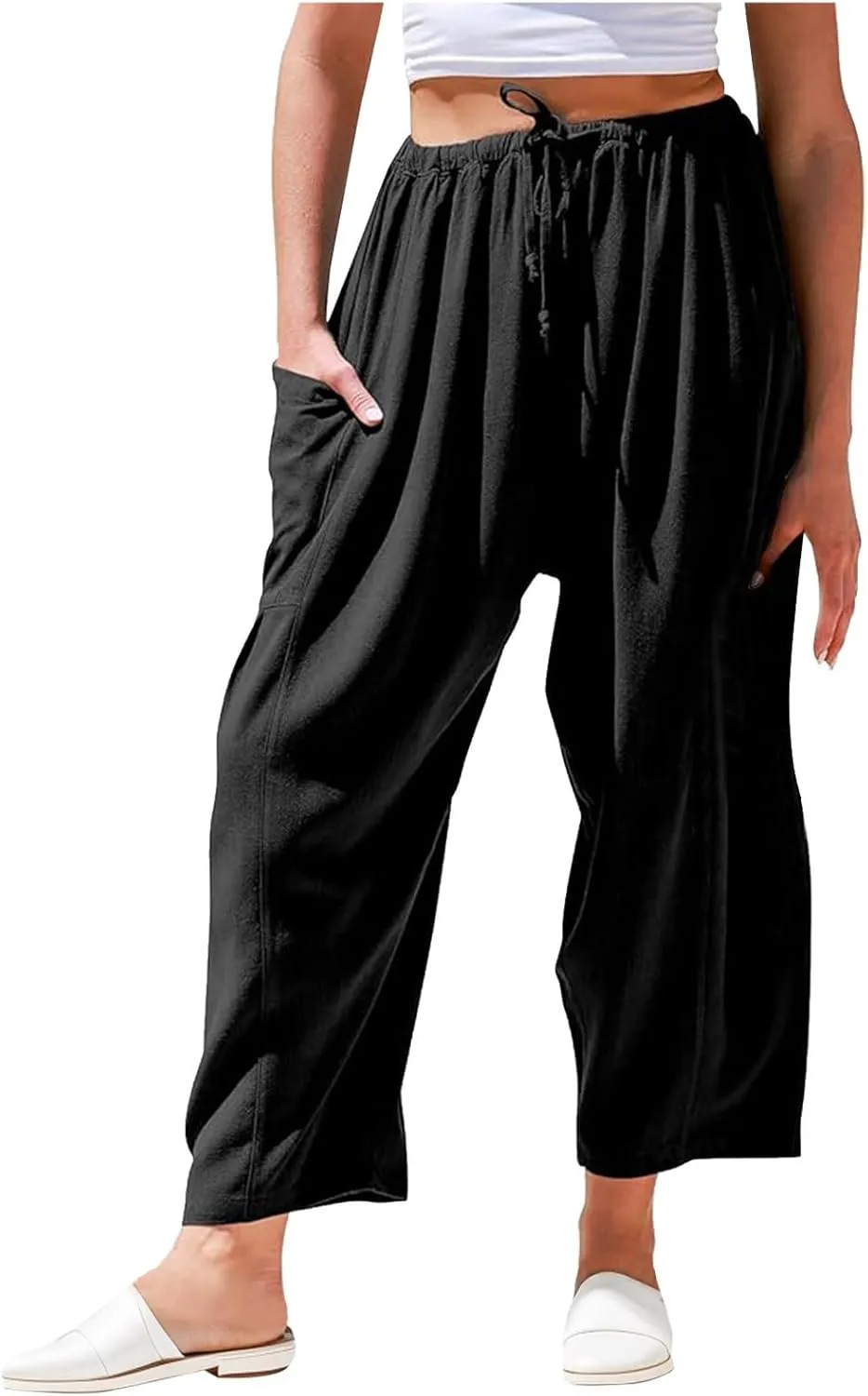 Women's Baggy Pants Drawstring Harem Pants Loose Fit Boho Pants Trendy Casual Pants with Pockets Comfy Travel Pants