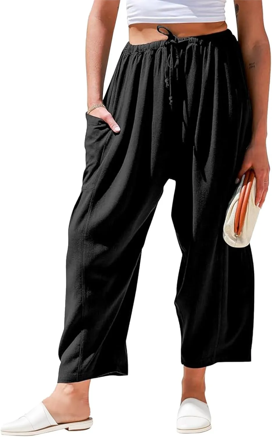 Women's Baggy Pants Drawstring Harem Pants Loose Fit Boho Pants Trendy Casual Pants with Pockets Comfy Travel Pants