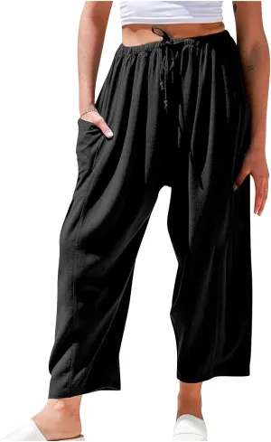 Women's Baggy Pants Drawstring Harem Pants Loose Fit Boho Pants Trendy Casual Pants with Pockets Comfy Travel Pants