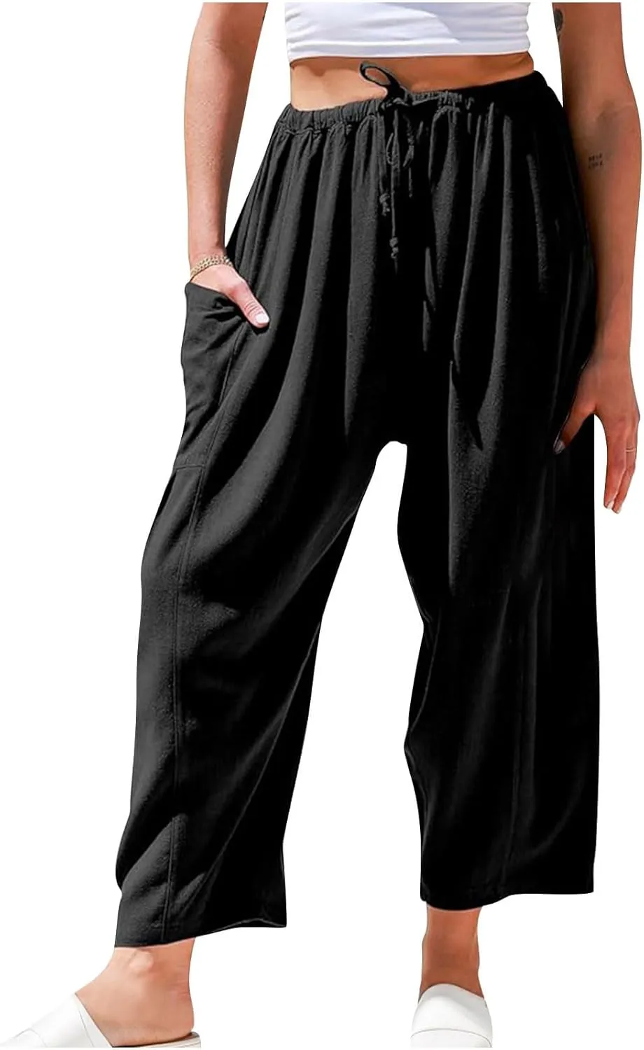 Women's Baggy Pants Drawstring Harem Pants Loose Fit Boho Pants Trendy Casual Pants with Pockets Comfy Travel Pants