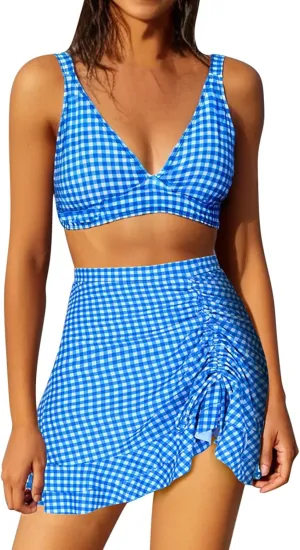 Womens Bathing Suits with Skirt Solid Color V Neck High Waisted Split Bikini Sets Tummy Control Strappy Swimsuits