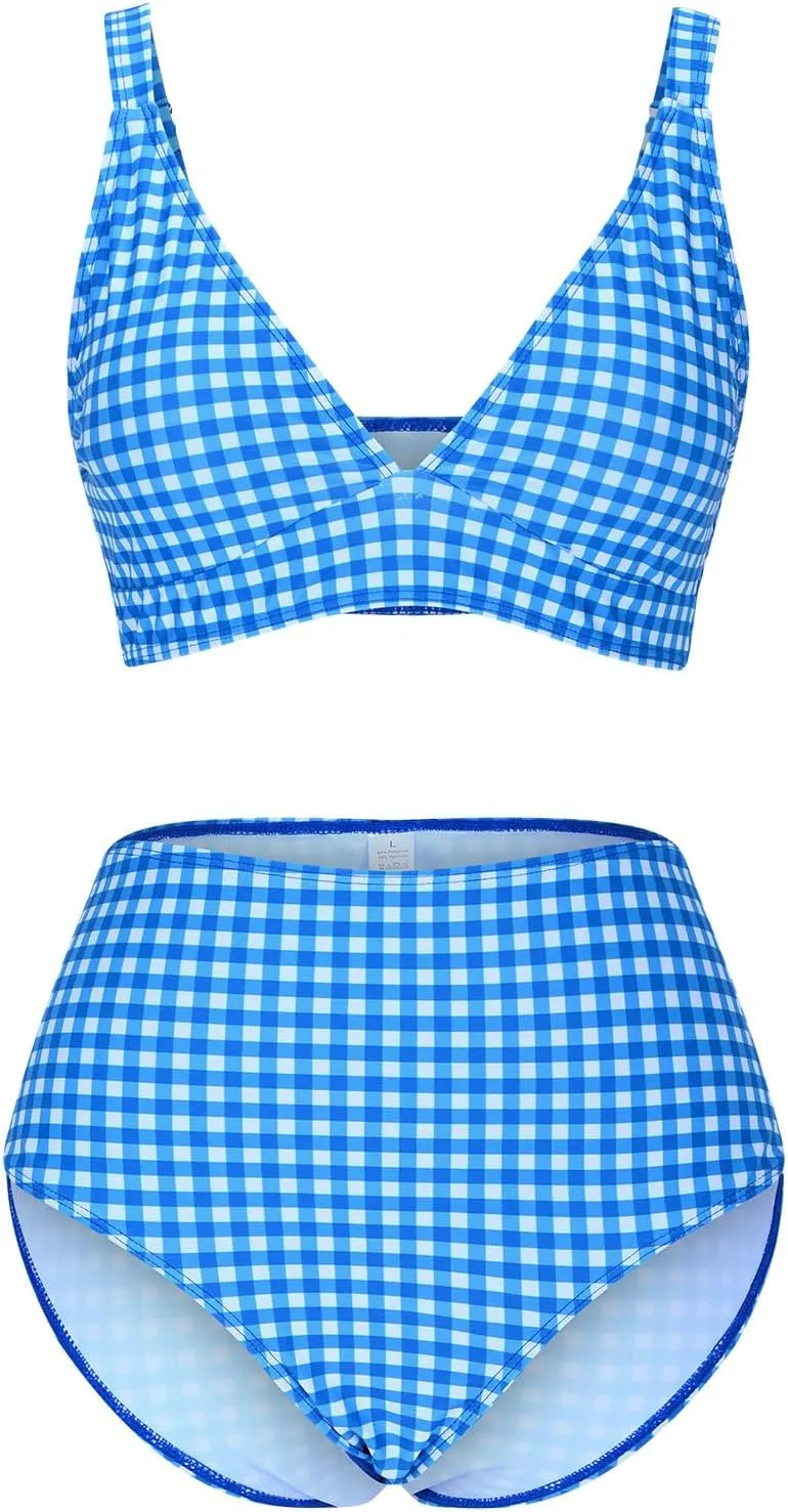 Womens Bathing Suits with Skirt Solid Color V Neck High Waisted Split Bikini Sets Tummy Control Strappy Swimsuits