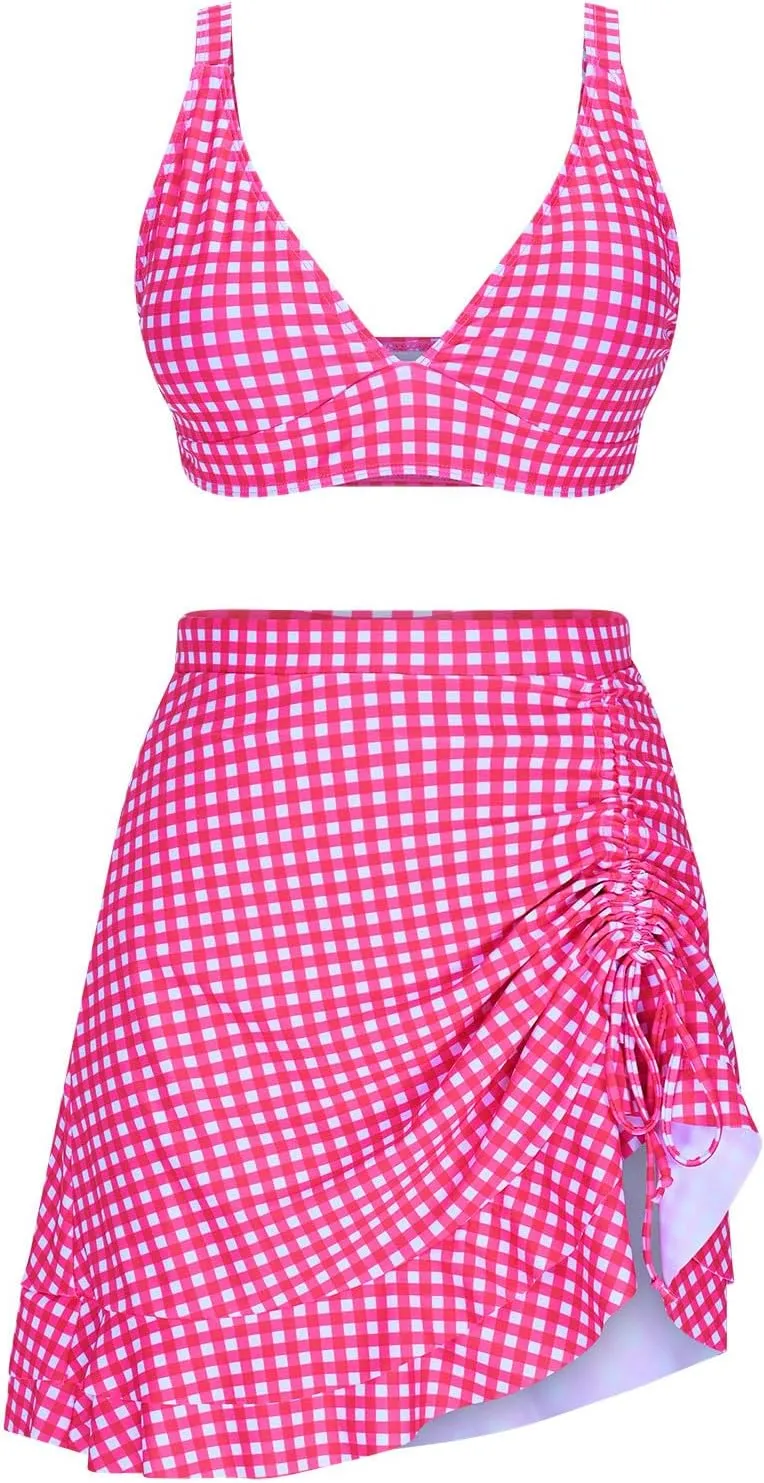 Womens Bathing Suits with Skirt Solid Color V Neck High Waisted Split Bikini Sets Tummy Control Strappy Swimsuits
