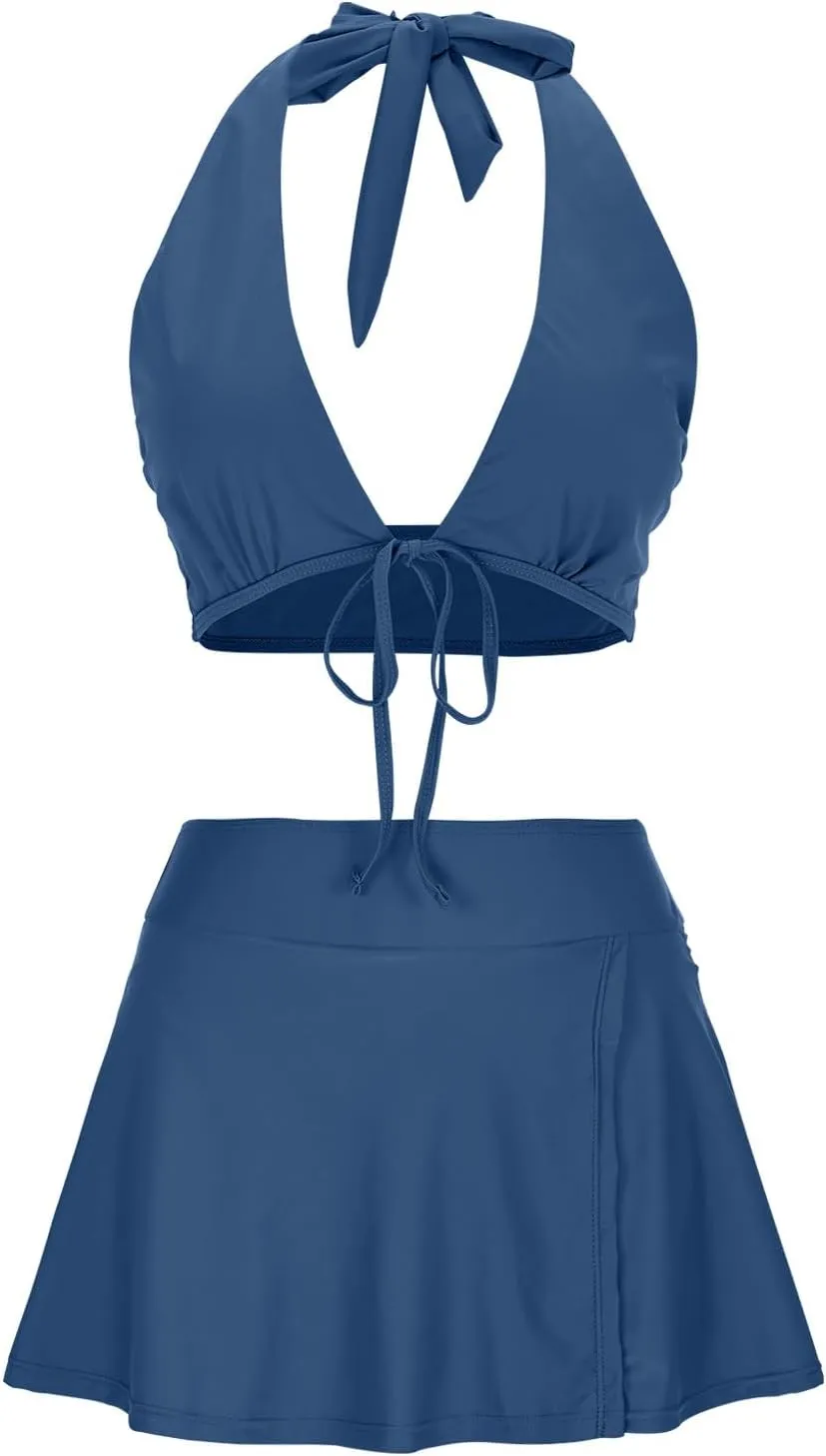 Womens Bathing Suits with Skirt Solid Color V Neck High Waisted Split Bikini Sets Tummy Control Strappy Swimsuits